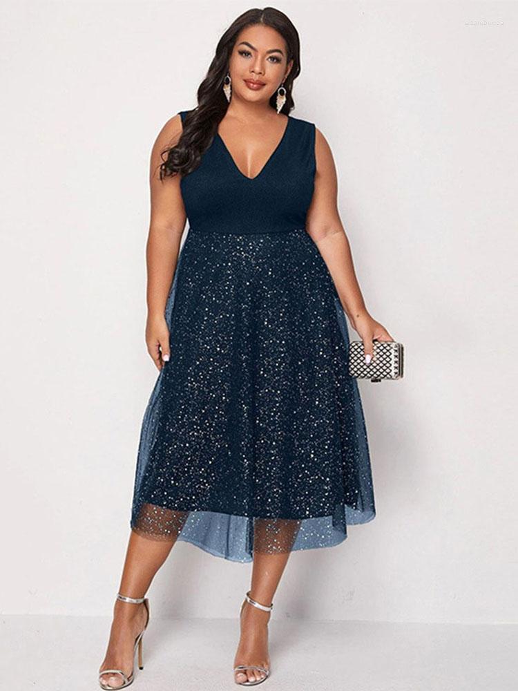 

Plus Size Dresses 2022 Summer Women Dress Fashion Elegant V-Neck Mid Waist Party Sequined Tulle Patchwork Large Frock Edar22, Navy blue