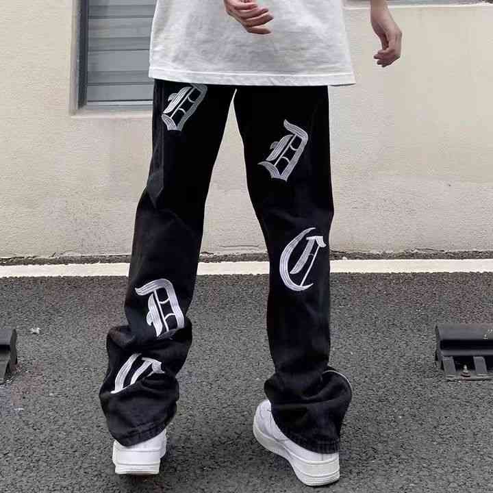 

Autumn and winter new high street printed jeans women's fashion brand straight tube loose slim trend versatile zipper, Black (belt)