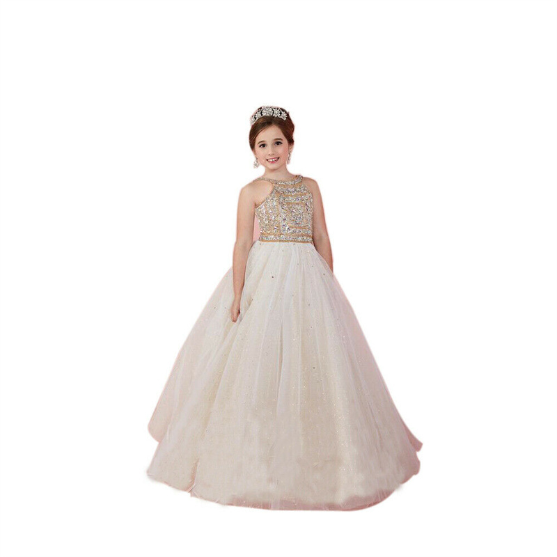 

wholesale Princess 2022 Blue Girls Pageant Dresses ivory Crew Neck Tulle Rhinestone Crystal Beads Glitz Ball Flower Girl Dress free Hoops Petticoat