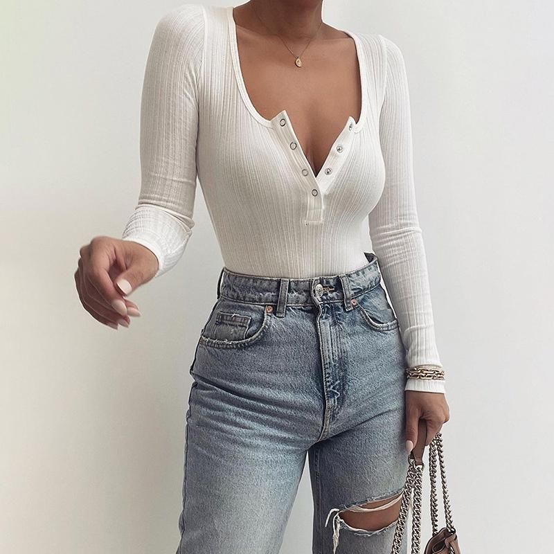 

Women' T-Shirt 2022 Autumn Women Square Neck Button Front Form Fitted Long Sleeve Corset Sexy Top Fashion Solid White Casual T-Shirts Loung