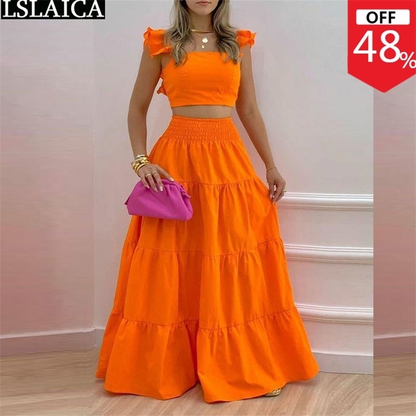 

Fashion Two Piece Sets Womens Outifits Summer Crop Top & High Waist Loose Maxi Skirts Set Casual Solid Elegant Holiday 220505, Orange red