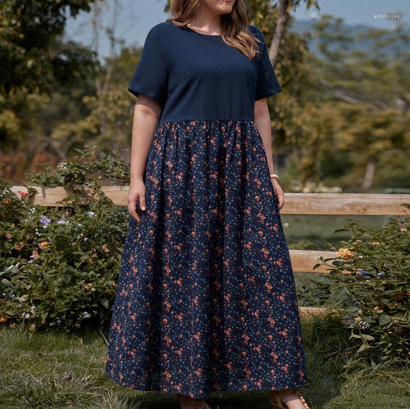 

Plus Size Dresses Women Summer Dress Fashion Print O-Neck Short Sleeves Casual Splicing Long Large Sundress Vestidos Echm22, Brown