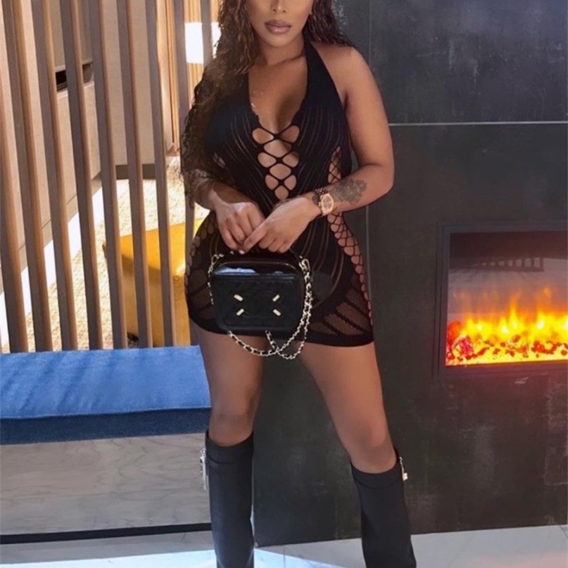 

Summer Sexy Lingerie Halter Neck Backless Dress Women Fishnet Mesh Hollow Out Underwear Stretch Tight Nightclub Outfits 220506, Pink