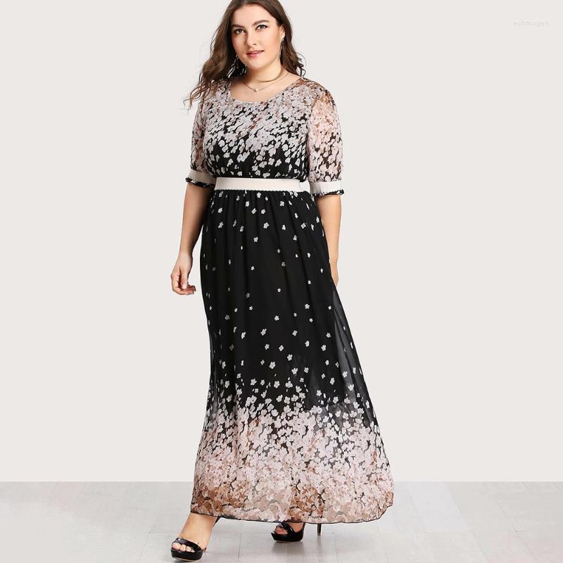 

Plus Size Dresses FridayIn 2022 Women's Clothes Printed Chiffon Dress Mid-sleeve Round Neck And Floor-length Echm22, Black