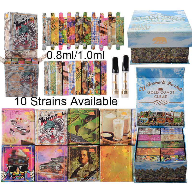 

10 Strains Gold Coast Clear Summer Spring Edition Atomizers Vape Cartridges Packaging 0.8ml 1ml Ceramic Empty Carts Glass Thick Oil Vaporizer 510 Thread E Cig
