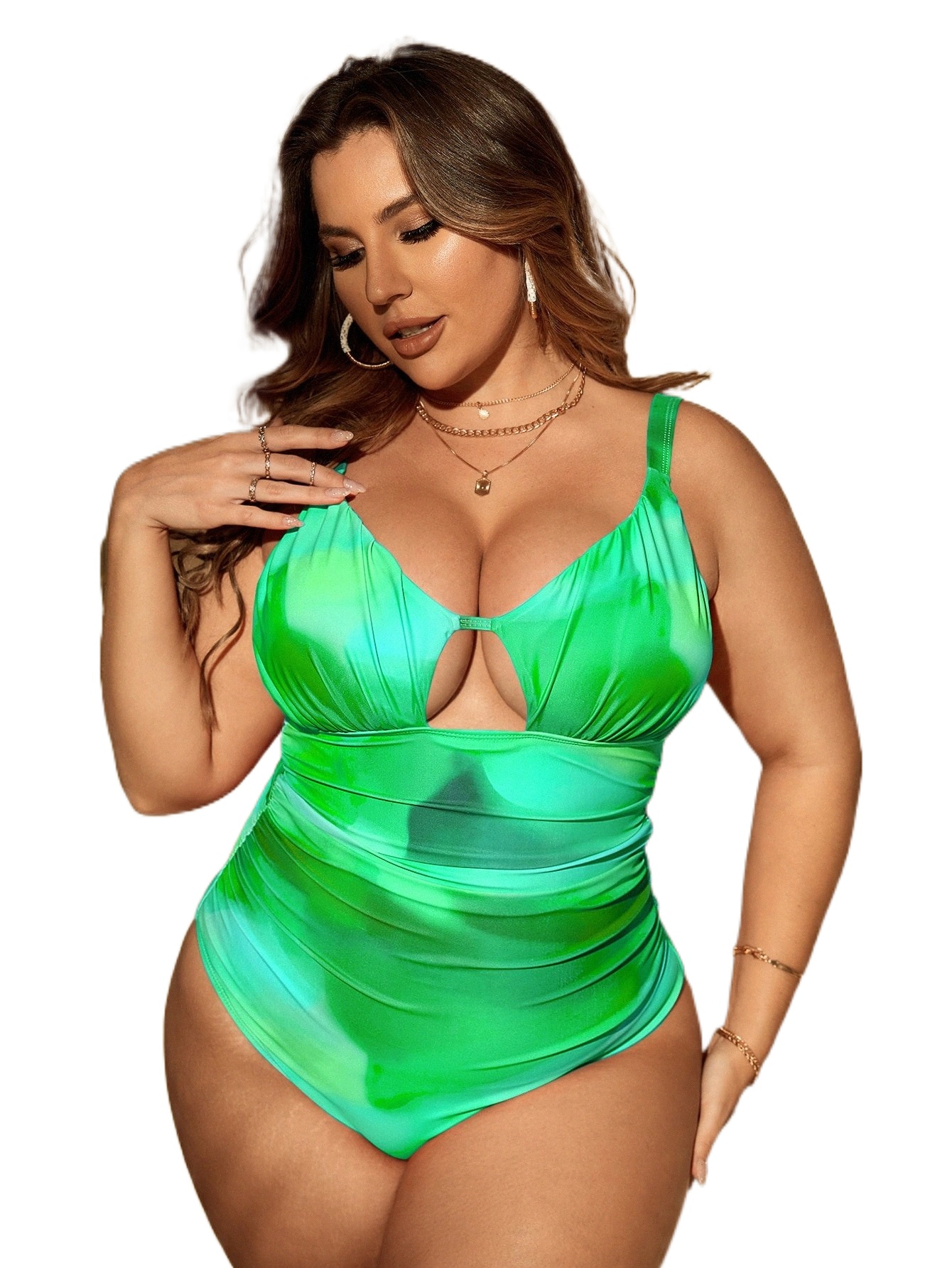 

plus Tie Dye Cut Out Ruched One Piece Swimsuit B1f7#, Green