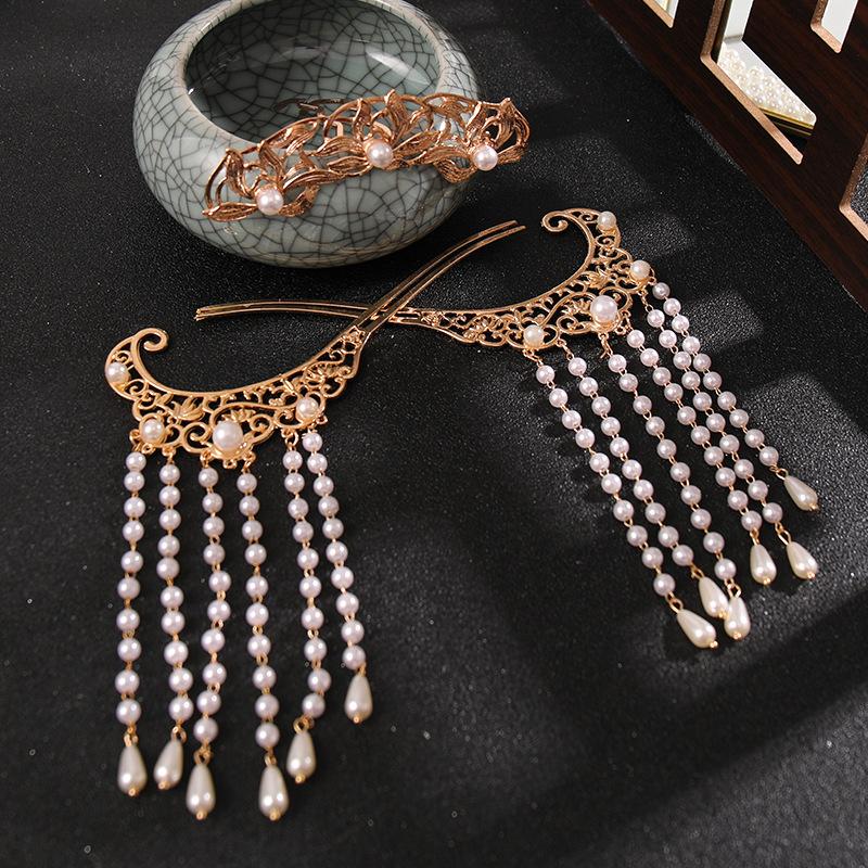 

Hair Clips & Barrettes Retro Pearl Tassel Hairpins Set With Crown Chinese Style Cute Vintage Headdress Hanfu Clothing Accessories For Girls
