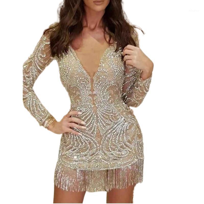 Robes décontractées Gland Robe Sexy Col En V Profond Parti Femmes Élégant Voir À Travers Frange À Manches Longues De Luxe À Paillettes Mini