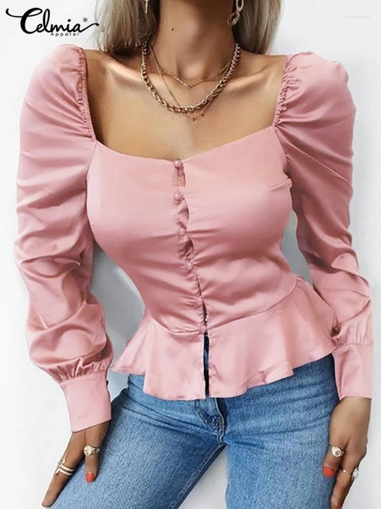 

Women' Blouses & Shirts Summer 2022 Casual Silk Satin Shirt Celmia Women Fashion Puff Long Sleeve Square Collar Elegant Ruffle Hem Peplum T, Pink