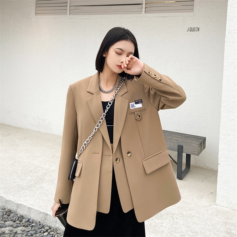 

Small suit jacket female spring and autumn tops fake two-piece design sense of fried street high sense casual suit 220402, Black
