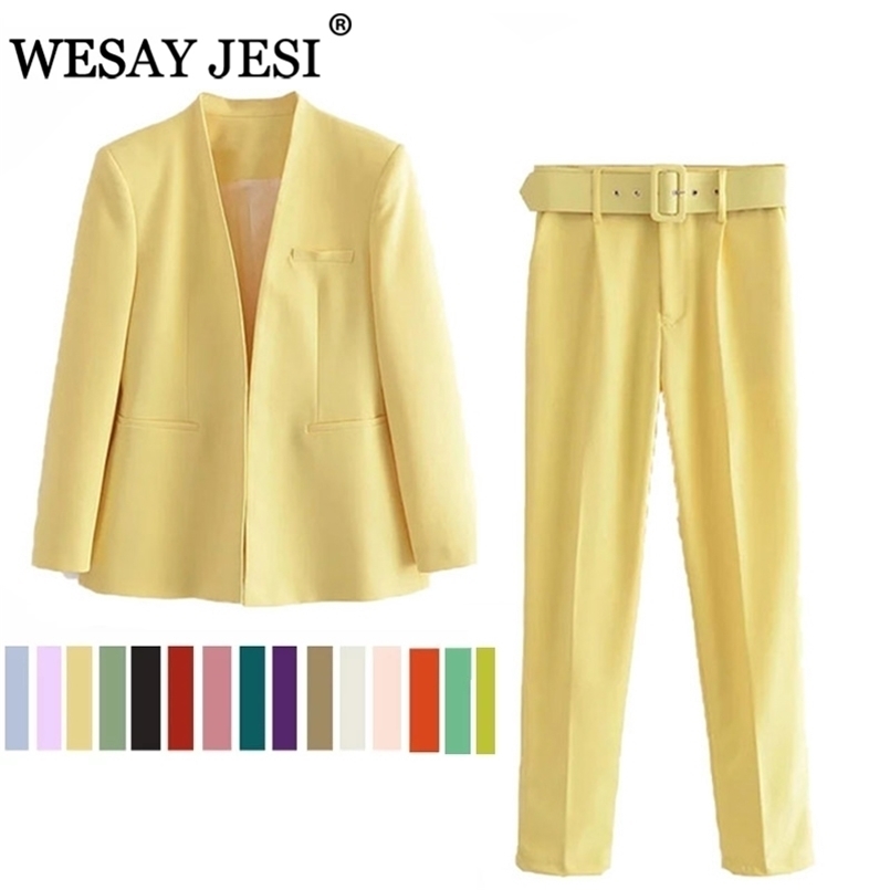 

WESAY JESI Womens Office Fashion Pantsuit Simple Solid Color Suit Collar Long Sleeve Trousers 2 Piece Set Blazer 220811, Khaki-b