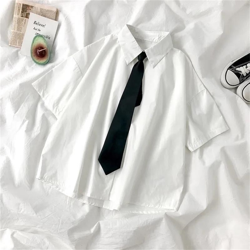 

EBAIHUI White Shirts Women with Tie Japanese Style Preppy Students BF Simple Solid Loose Summer Top Daily Streetwear 220419, White no tie
