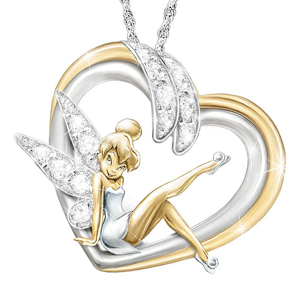 10pcs European and American new Two-color angel Love heart Inlay Rhinestone necklace Girl clavicle necklace birthday party gift T-255K