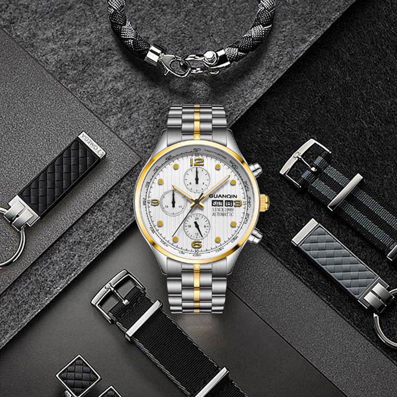 

Wristwatches Guanqin Casual Business Automatic Men Watch Mechanical Stainless Steel Butterfly Buckle Fashion & Auto Date, B black