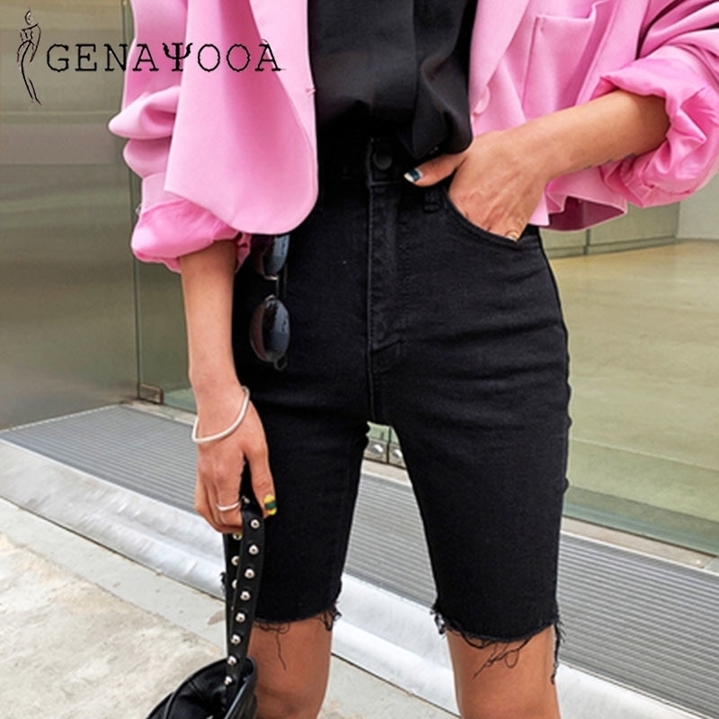 

Genayooa Knee Length Denim Short Push Up Elastic High Waist Biker Shorts Jean Short Summer Black Streetwear Y200403