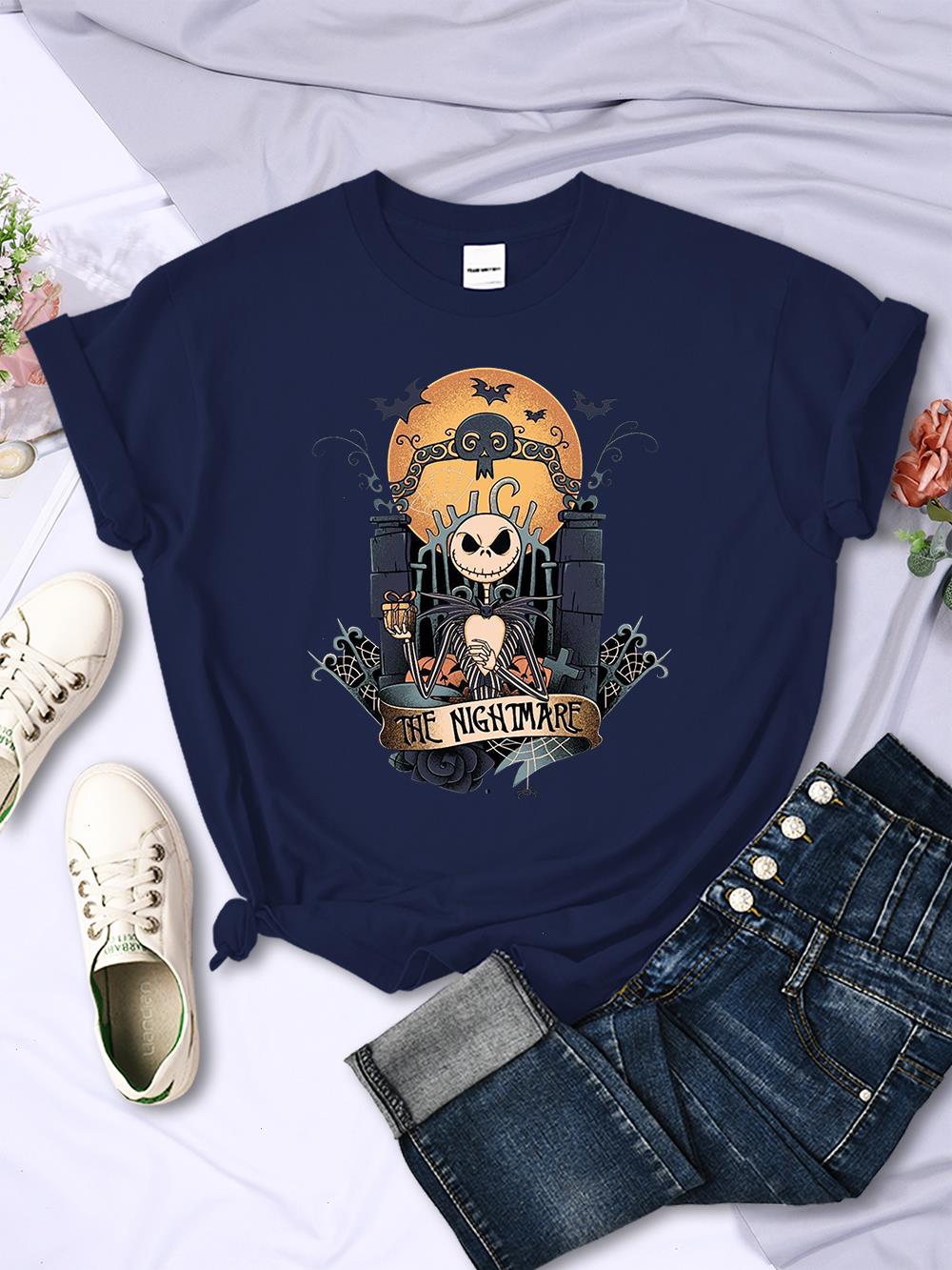 

Nightmare Before Christmas Print T Shirt Women Breathable Fashion Streetwear O-neck Simplicity Tshirts Brand Sweat Womens, Purple