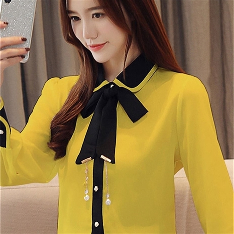 

Women Spring Autumn Style Blouses Shirts Lady Casual Long Sleeve Turn-down Collar Bow Tie Decor Blouses Tops DF3112 220419, Pink