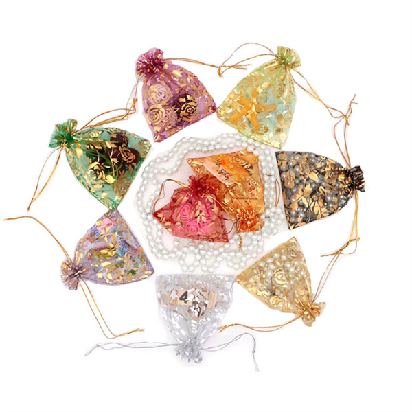 

7x9cm Gold Heart Rose Organza Jewelry Pouches Bags Wedding Voile Gift Christmas Bag Jewelry Packaging AB611