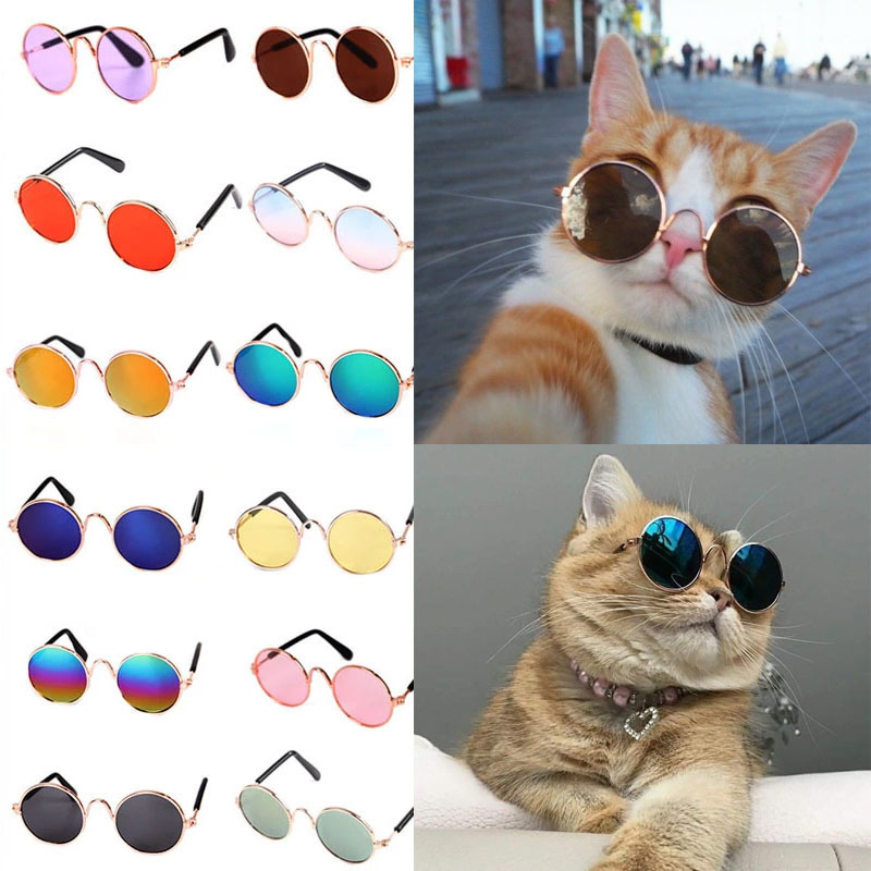 Produtos para animais de estimação adorável vintage redondo óculos de sol de gato reflexão olho de sol, use óculos de sol para fotos de cães pequenos acessórios de adereços