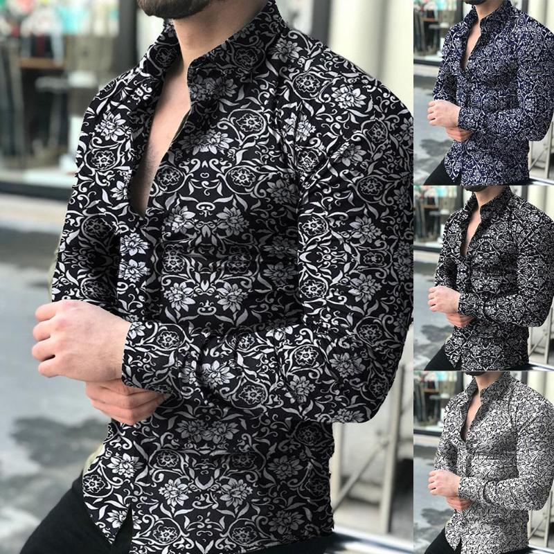 

Fashion Men Floral Print Slim Fits Long Sleeve Button Turn Down Collar Shirt Top Printed Lapel Business Casual Cardigan Shir Men's Shirts, Black