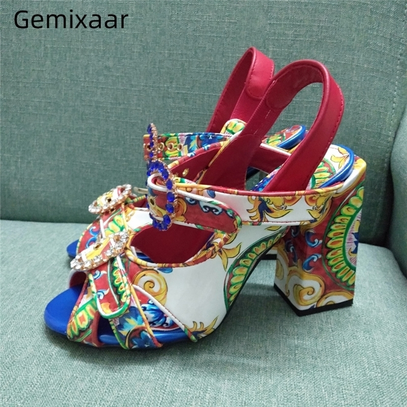 

Graffiti Sandals Shoes Woman Peep Toe Decor Jewelry N Ankle Buckle Sandales Chic Colorful y Square Heels Sandal Y200405, Colorful round toe