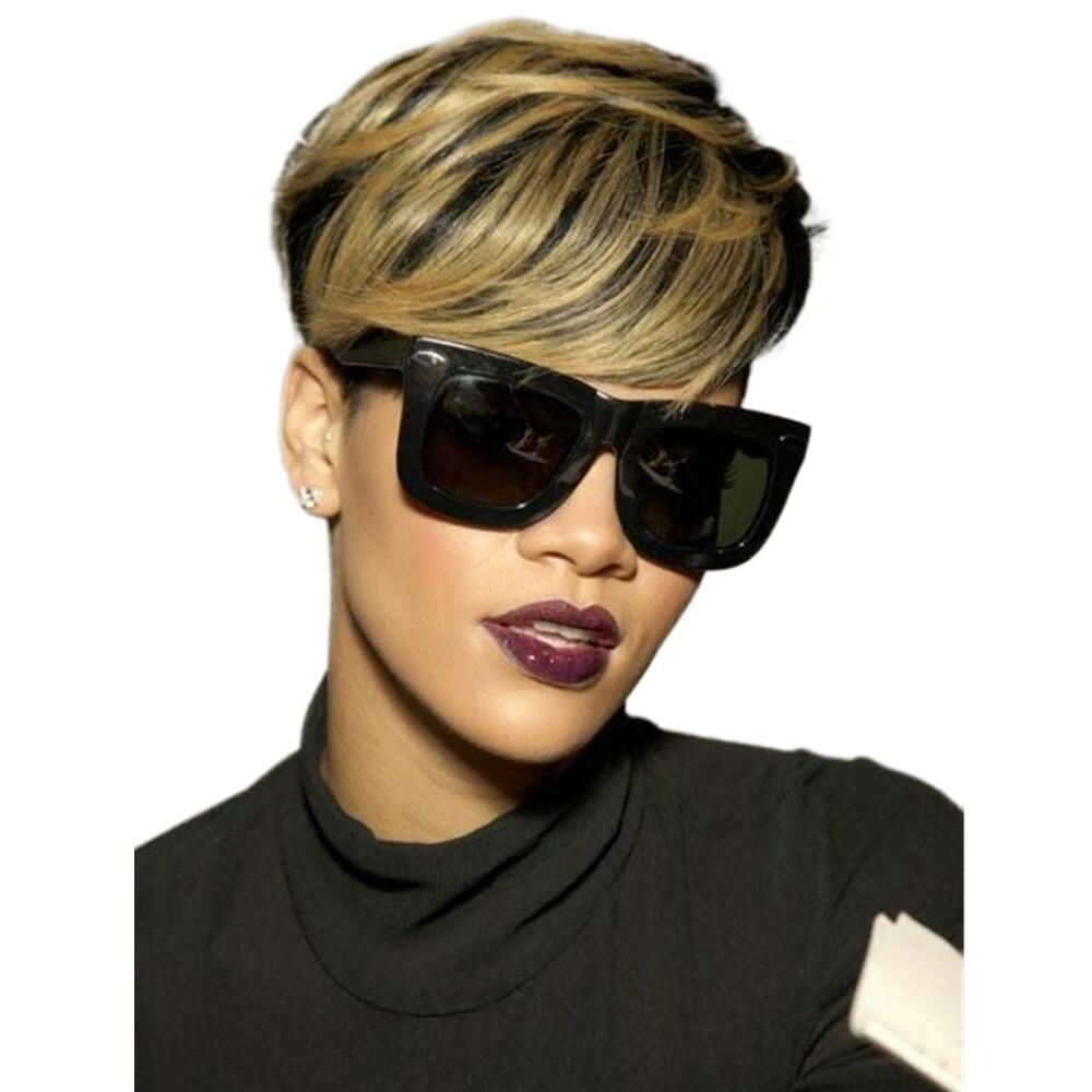 

Short Human Hair Wigs Pixie Cut Straight Remy for black women brown black Blonde No Lace HighLight With Thick Fringe, P1b/27