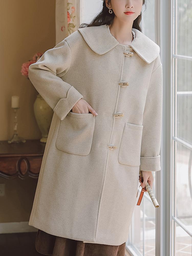 

Women' Wool & Blends Ailegogo Autumn Women Loose Warm Long Woolen Coat Streetwear Female Horn Button Pocket Cotton Jacket Fashion Ladies Ou, Beige