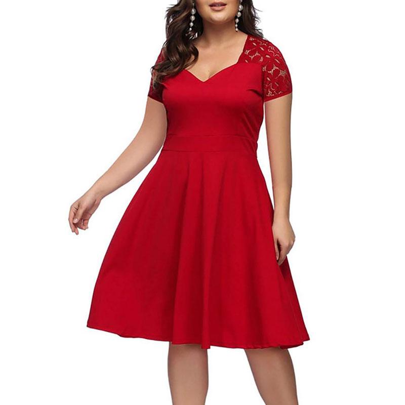 

Plus Size Dresses 2022 Summer Sexy V-neck Lace Vestido Big Hollow Out Zipper Short-sleeve Slim Large-size Party Dress, Black