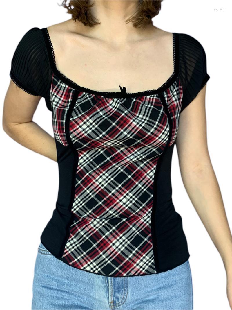 

Women' T-Shirt Women Casual Plaid Patchwork Summer Low Cut Square Neck Short Sleeve Crop Tops Y2K Aesthetic Tees Vintage StreetwearWomen, Black