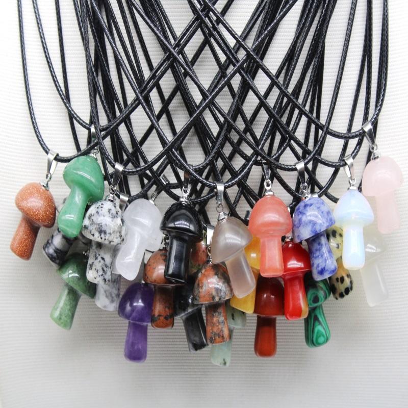 

Mini Mushroom Natural Stone Carving Pendant Reiki Healing Crystal pink Rose Quartz Rope Necklace For Women Jewelry
