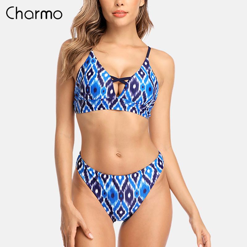 

Women' Swimwear Charmo Women Bikini Set Cross Front Bandages Flower Printed Sexy Push Up Swimsuit, Blu
