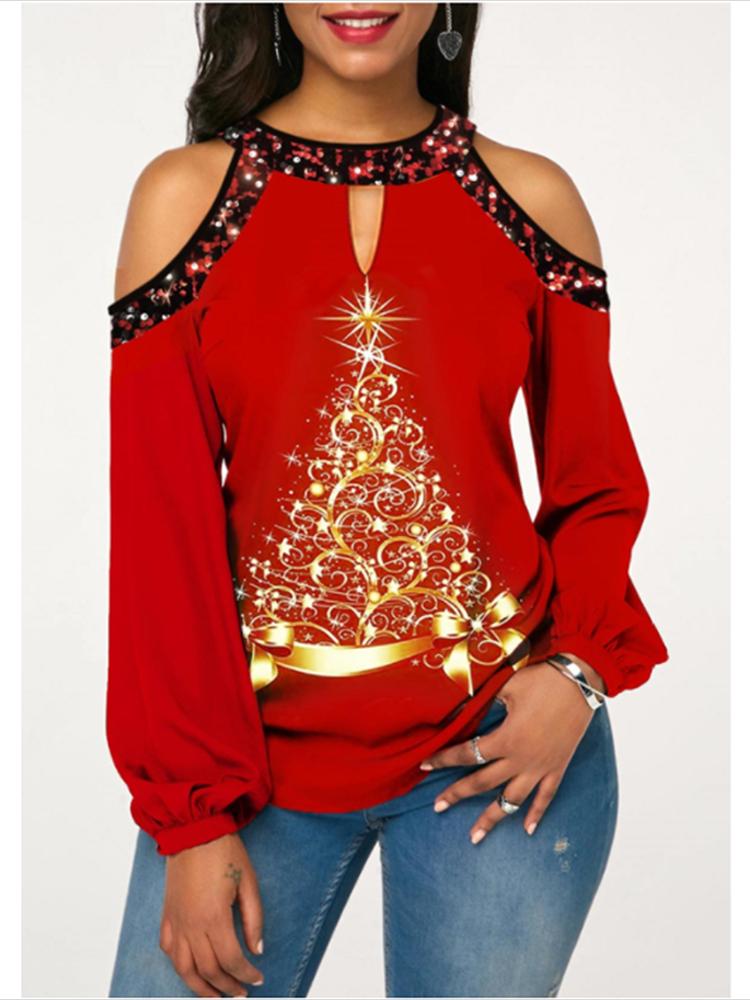 

Women' Blouses & Shirts Casual Christmas Top Women Sexy Long Sleeves Off Shoulder Hollow Out Tee Tops Fashion Tree Print Elegant BlousesWom, Red