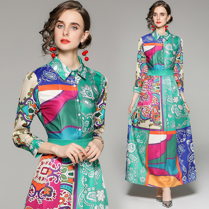 

2022 Retro Print Button Shirt Dress Spring Autumn Woman Designer Long Sleeve Lapel High Waist Slim Big Swing Dresses Runway Women Holiday Party Cocktail Maxi Frock, Green