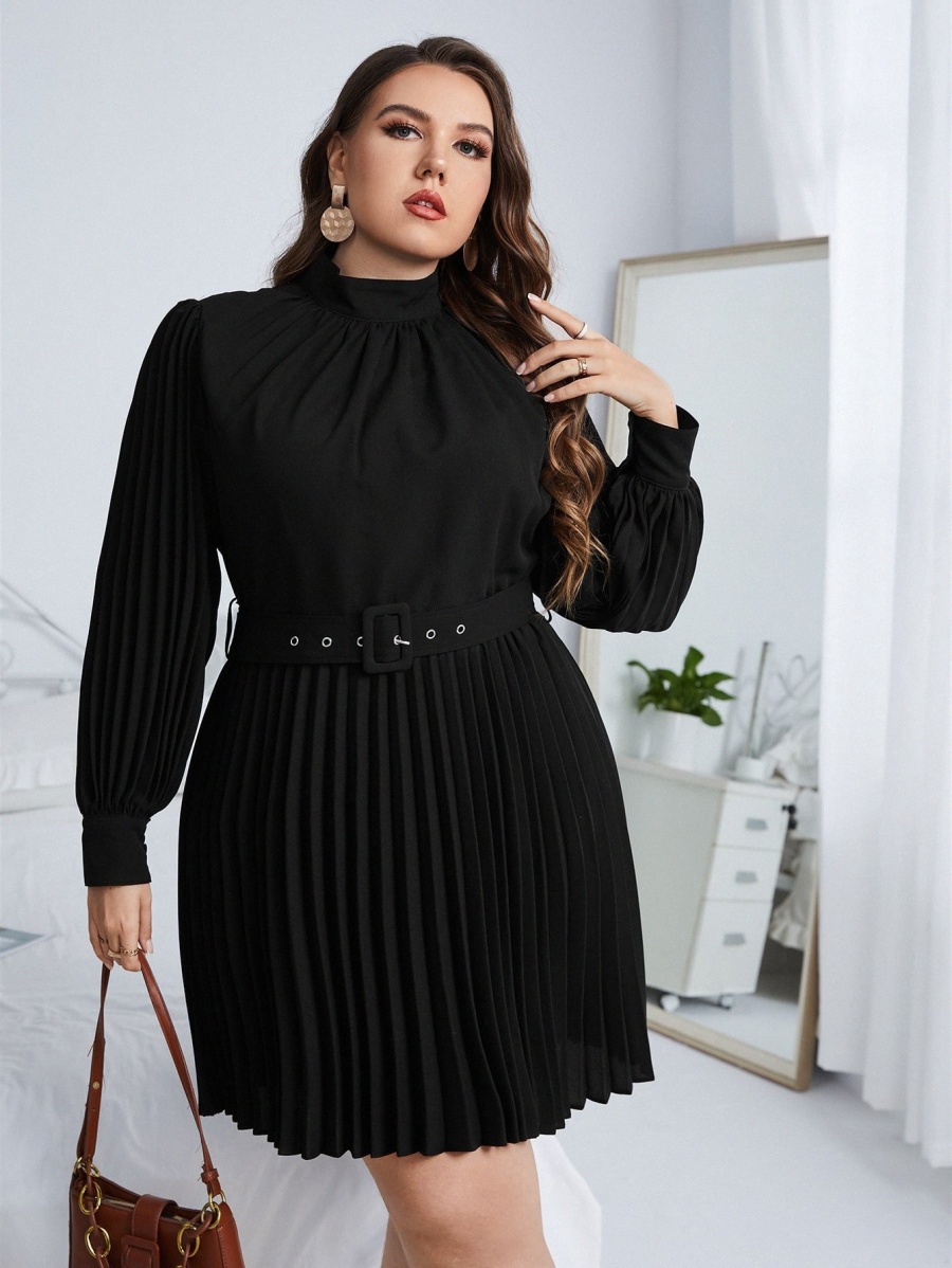 

plus Mock Neck Lantern Sleeve Pleated Hem Buckled Belted Dress R99m#, Black