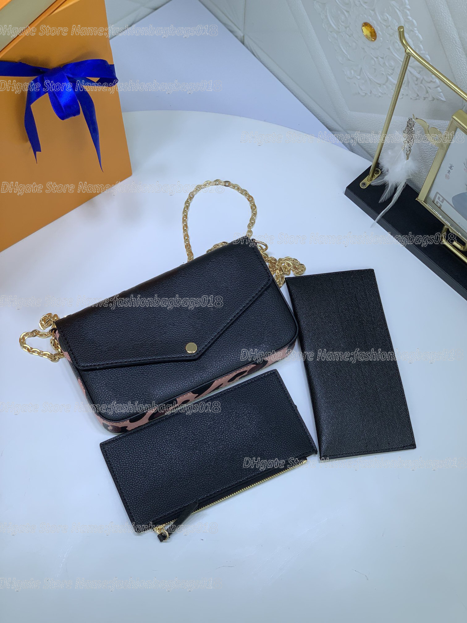 

Felicie Pochette Designer Bag M80679 Animal-Print Leather 3pcs Envelope-Style Pouch Little Clutch Chain Shoulder Cross-Body
