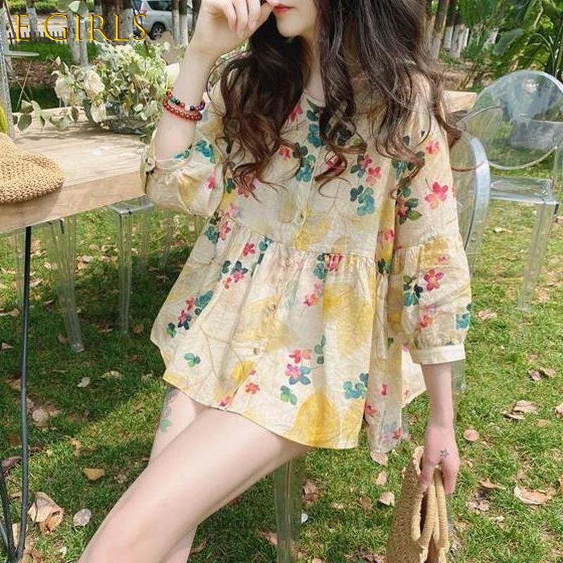 

Women' Blouses & Shirts GIRLS Women Vintage Floral Summer Loose Stylish Korean Chic Lace-up Ladies Tops All-match Lovely O-neck Femme Blusa, Yellow-lace up