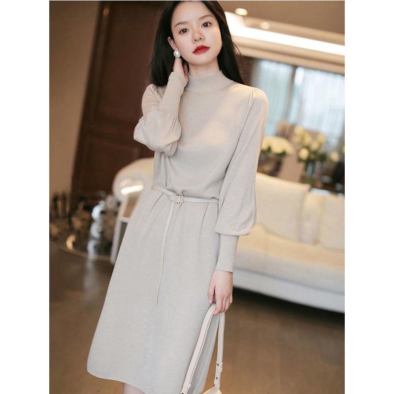 

Casual Dresses Turtleneck Lantern Long Sleeve Solid Color Sweaters Dress Woman Vestido De Mujer Femme Robe, Black;gray