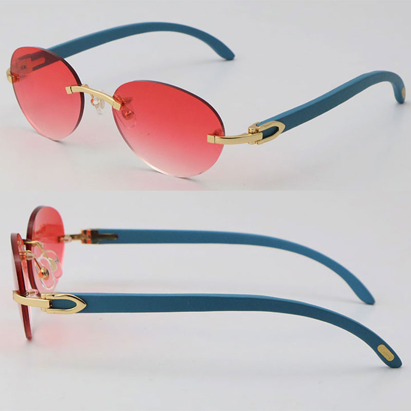 

New Model Luxury Blue Wood Metal Rimless Sunglasses Woman Design Classical Model Wooden Sun glasses Man Fashion Male and Female Frames 18K Gold Round Frame Size:54