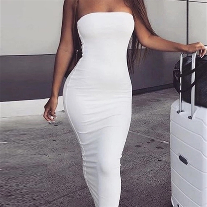 

Sibybo Off Shoulder Strapless Sexy Women Dress Sleeveless Straight Long Bodycon Backless Casual Summer Party 226014, White long