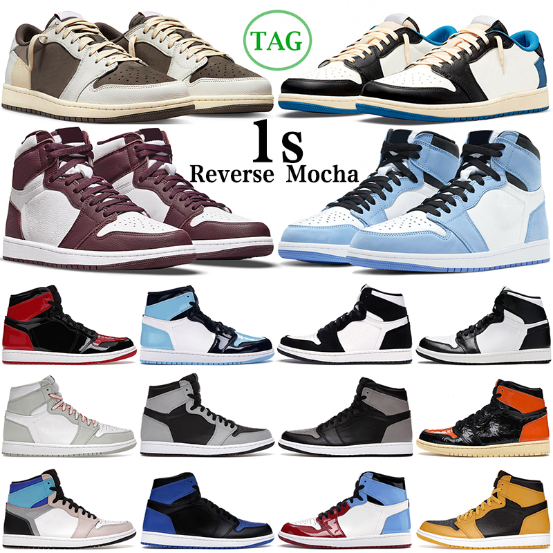 

Jumpman travis scotts 1s lows Mens Basketball Shoes Reverse Mocha Mochas 1 Bred Patent University Blue UNC Shadow Gym Red White Black men women trainers sneakers, Low grey toe