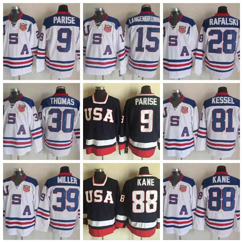

2010 Team USA Hockey Jersey Retror Blue 9 Zach Parise 88 Patrick Kane 81 Phil Kessel 28 Brian Rafalski 39 Miller 15 Langenbrunner, 9 navy blue