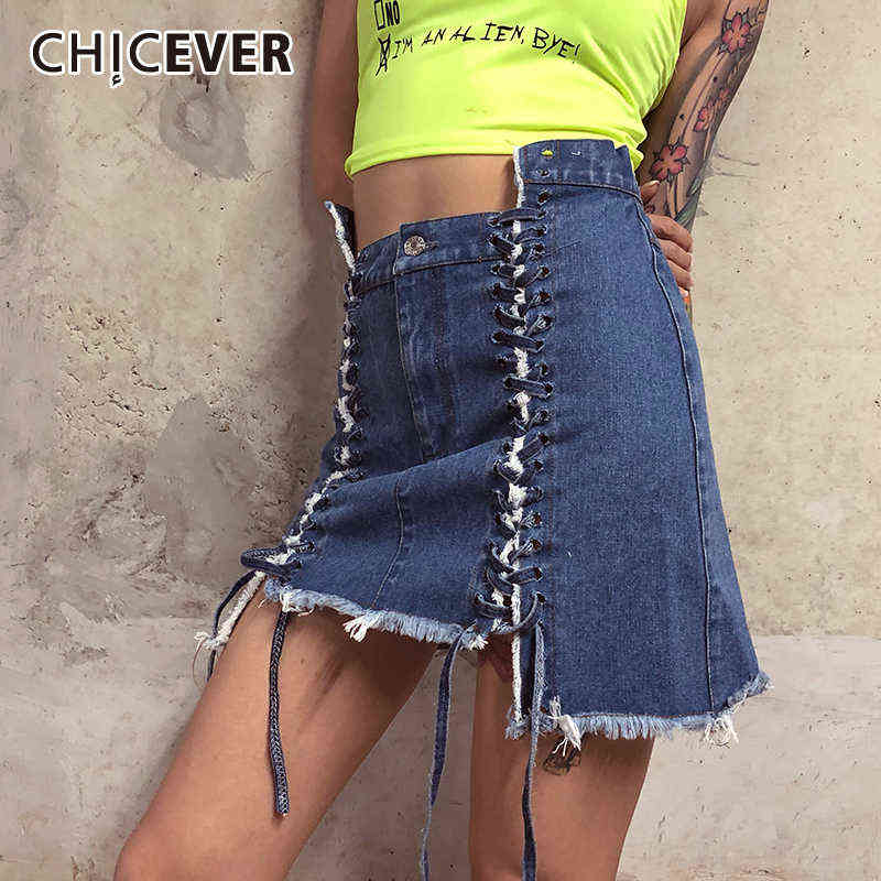 

CHICEVER Casual Blue Denim Skirt For Women High Waist Lace Up Asymmetrical Sexy Mini Skirts Female 2021 Summer Fashion New Style T220819
