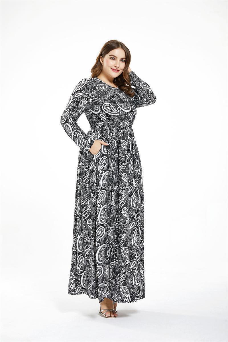 

To 5XL Plus Size Women Dress Fashion Print O-neck Long Sleeve Slim High Waist Club Party Dresses Autumn Woman Robes T50894 Casual, No1
