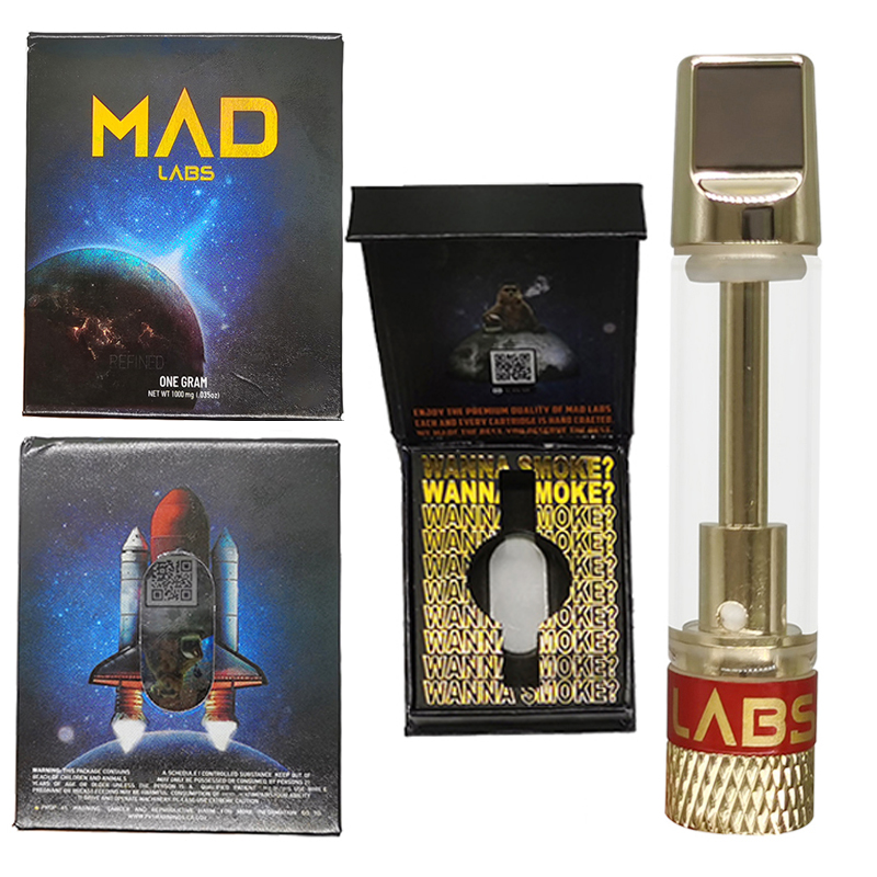 

Mad Labs Vape Pen Cartridges Empty 0.8ml Gold Thick Oil Carts Ceramic Coil Glass Tanks 510 Thread Cartridge Vaporizer Pens Atomizers with 10 Different Packaging Boxes