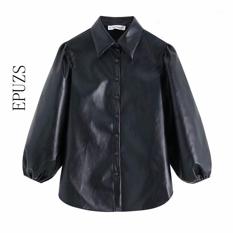 

Black PU Faux Leather Blouse Shirt Women Korean Puff Sleeve Womens Tops And Blouses Streetwear Office 2022 Women's & Shirts
