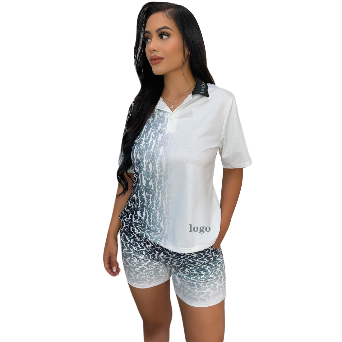 

New Trendy Letter Gradient Print Tracksuits For Women Short Sleeve Top And Sports Shorts Casual Brand 2 Piece Sets J2526, White--d