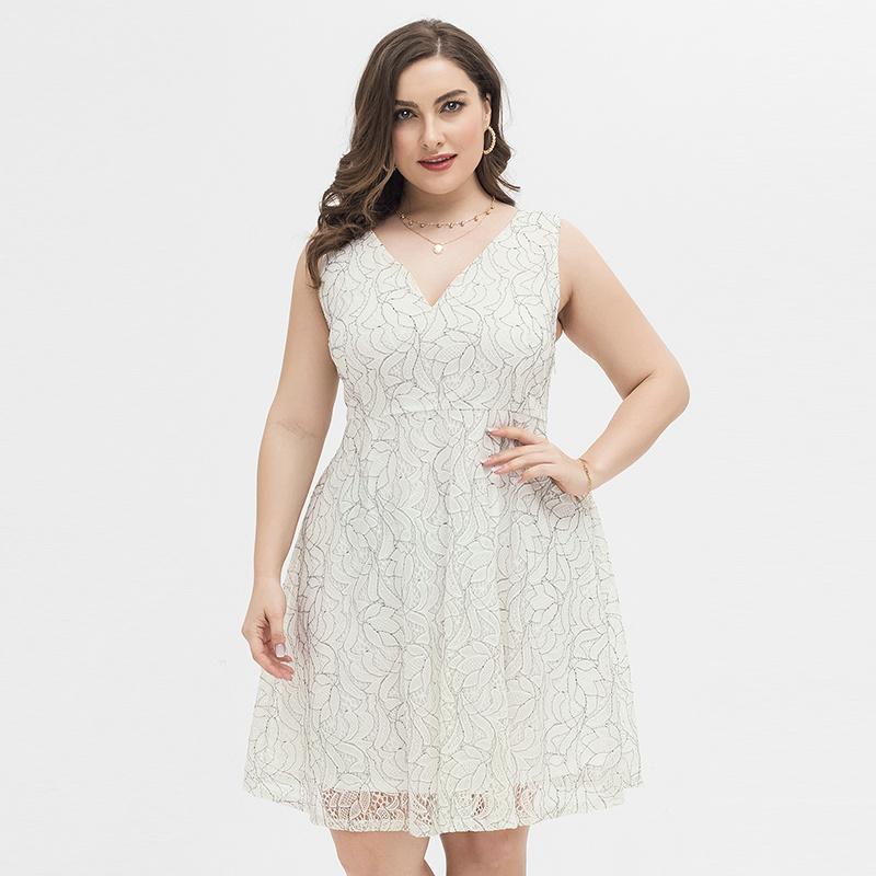 

Plus Size Dresses 2022 Women Curve Party Dress Solid White Short Sleeve Larges Big V-Neck Evening Clothes Casual Wear Female Suits, 200032