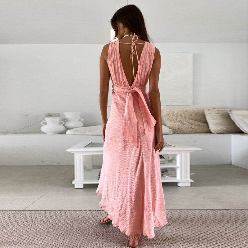 

Foridol Elegant V Neck Backless Summer Dress Women Sleeveless Beach Boho Maxi Dress Bandage Chiffon Sundress Long Vintage, Pink