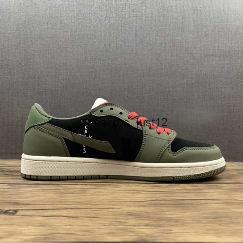 

Mens Shoes Jumpman 1 Low OG Dark Olive-Green/White-Red Travis Scotts Basketball High Quality Sports Sneakers Real Leather Color Olive, Box