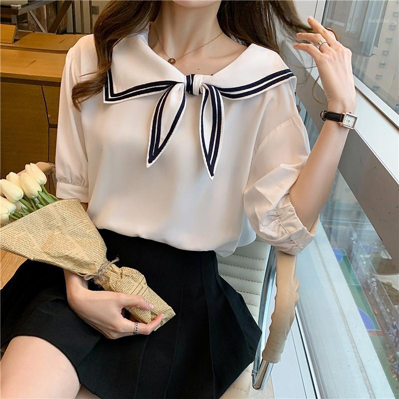 

Women' Blouses & Shirts 2022 Summer White Chiffon Blouse Women Chic Puff Sleeve Sailor Collar Bow Tops Ladies Loose Preppy Style Female